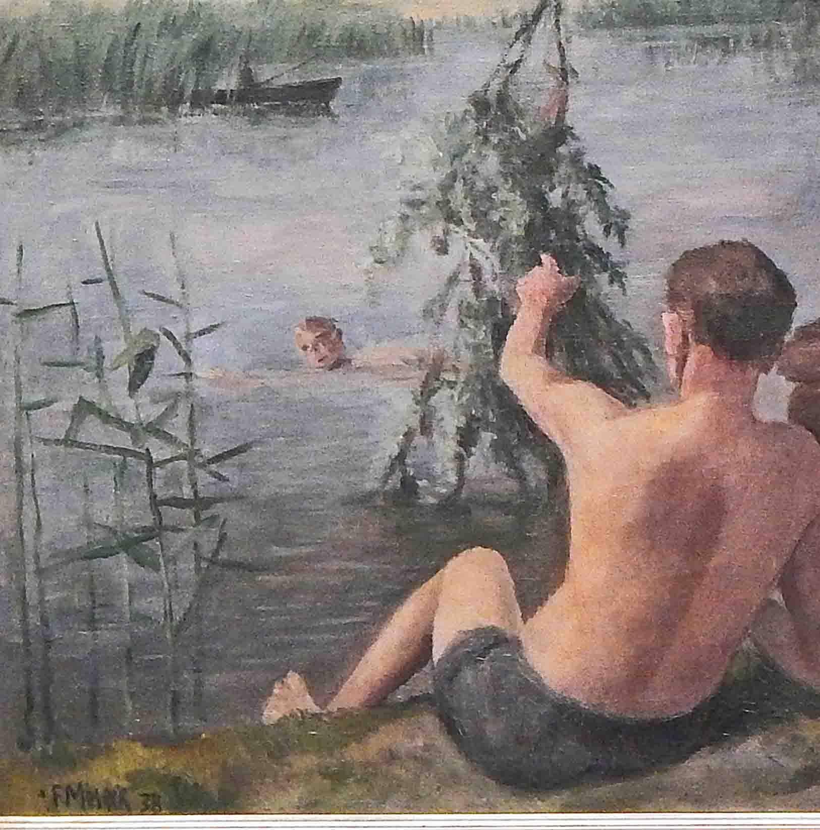 „Baden am Fluss“, großes, atmosphärisches Gemälde von Felix Meseck, 1938 (Deutsch) im Angebot