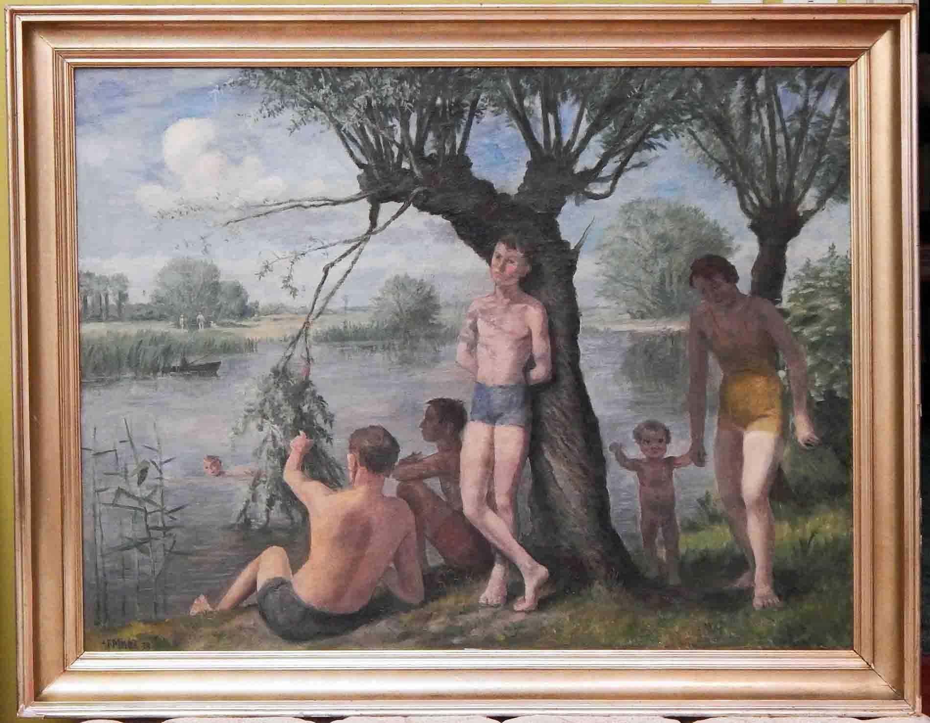 „Baden am Fluss“, großes, atmosphärisches Gemälde von Felix Meseck, 1938 (Gemalt) im Angebot