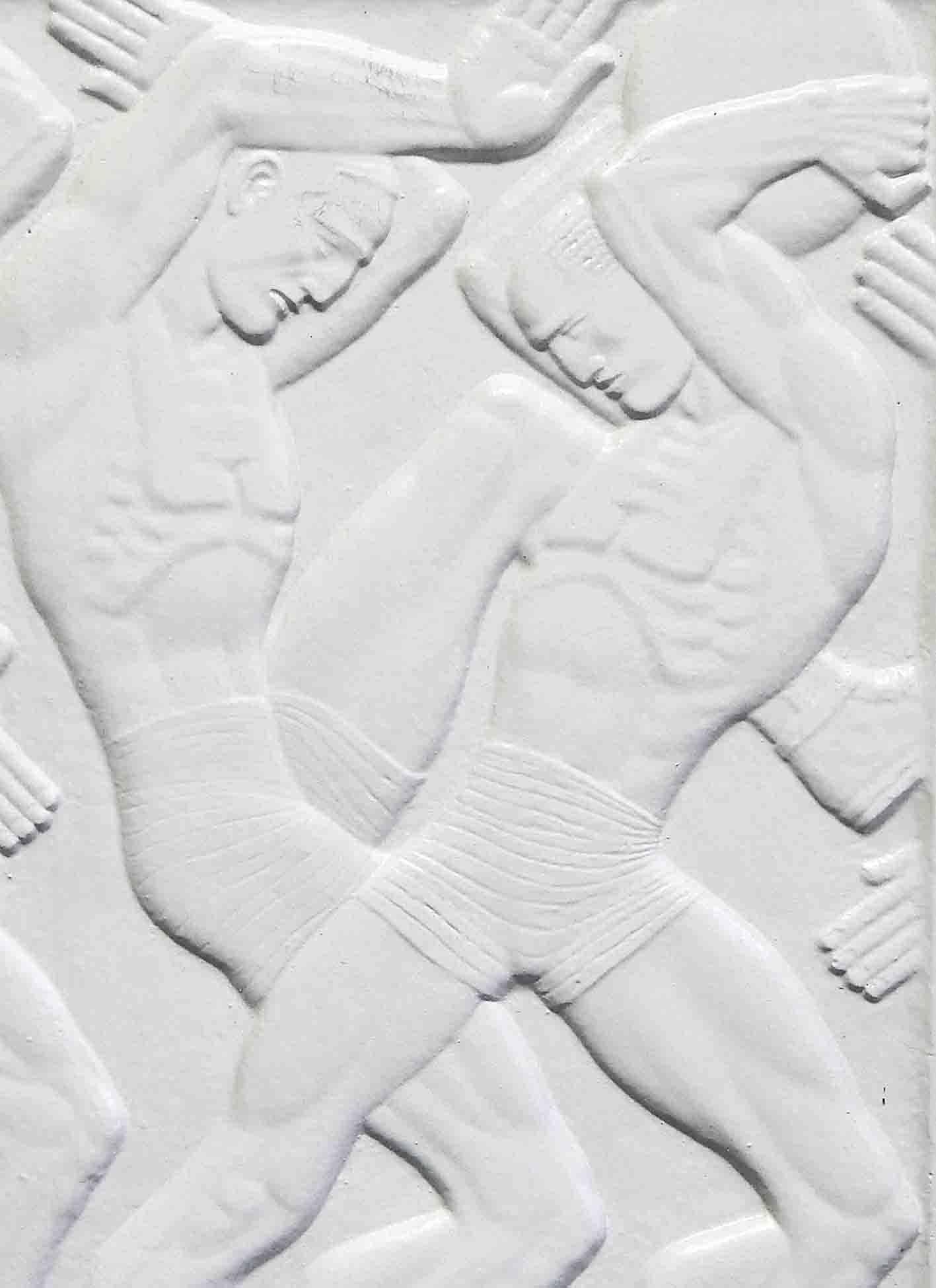 A remarkable and unique relief panel in painted plaster, this high-energy depiction of several male athletes struggling for a medicine ball is a Classic example of stylized Art Deco sculpture. The crisscrossing of the limbs of the four athletes nude