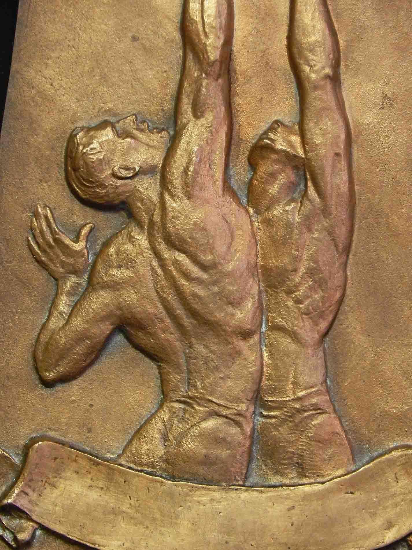 Perhaps because it depicts its figures more as Greek athletes rather than modern players, this bronze Art Deco plaque is very rare, or possibly unique. The artist, Fred Torrey, depicts a Classic jump shot, with two virtually nude basketball players