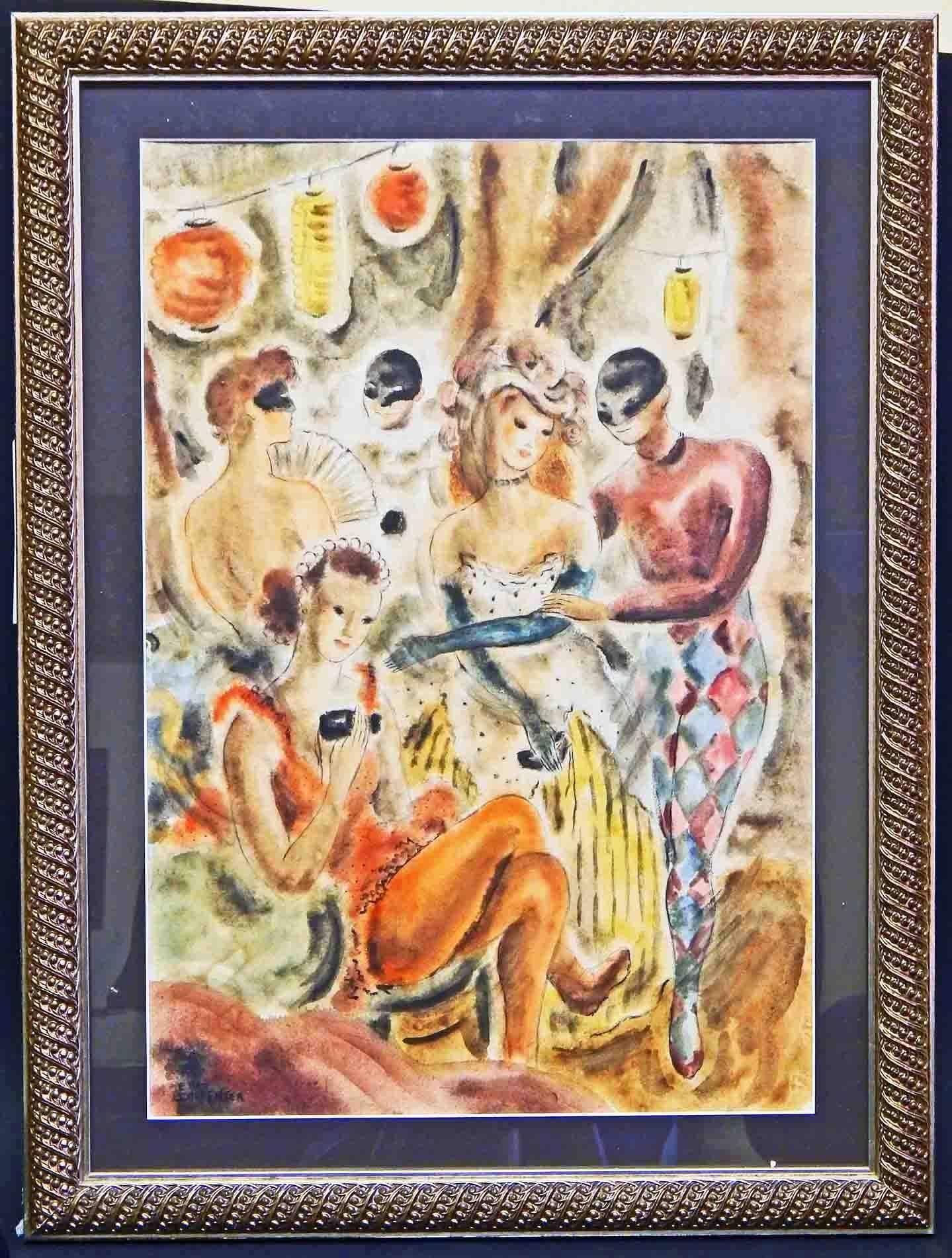 Peint « Masquerade », scène de genre Art Déco colorée et hautement spirituelle en vente