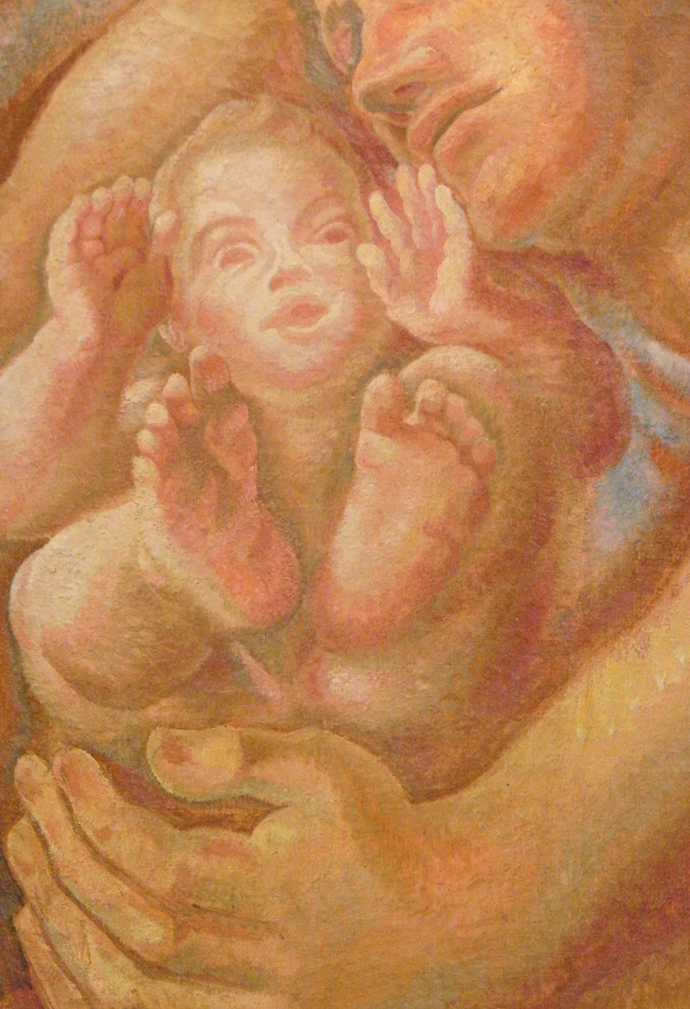Diese von Zärtlichkeit, Liebe und Wärme geprägte Darstellung eines schlafenden Vaters, der seinen kleinen Sohn schützend in den Arm nimmt, wurde in den 1930er Jahren von dem tschechischen Maler Svatopluk Machal gemalt. Dieses Werk, das stark an die