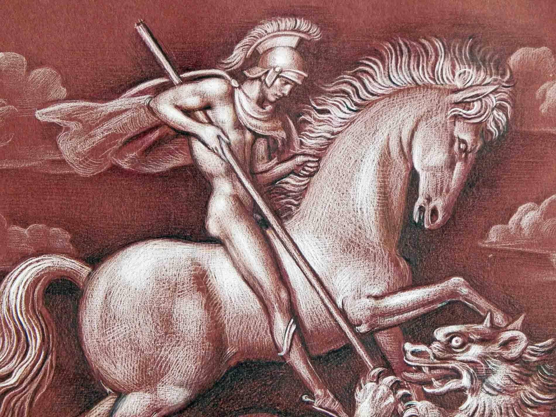 This dramatic drawing of St. George and the dragon was executed in 1954 by Gaston Goor, who was famous for illustrating a number of books by Roger Peyrefitte and others in France. Goor was deeply influenced by the paintings he found at the Louvre in