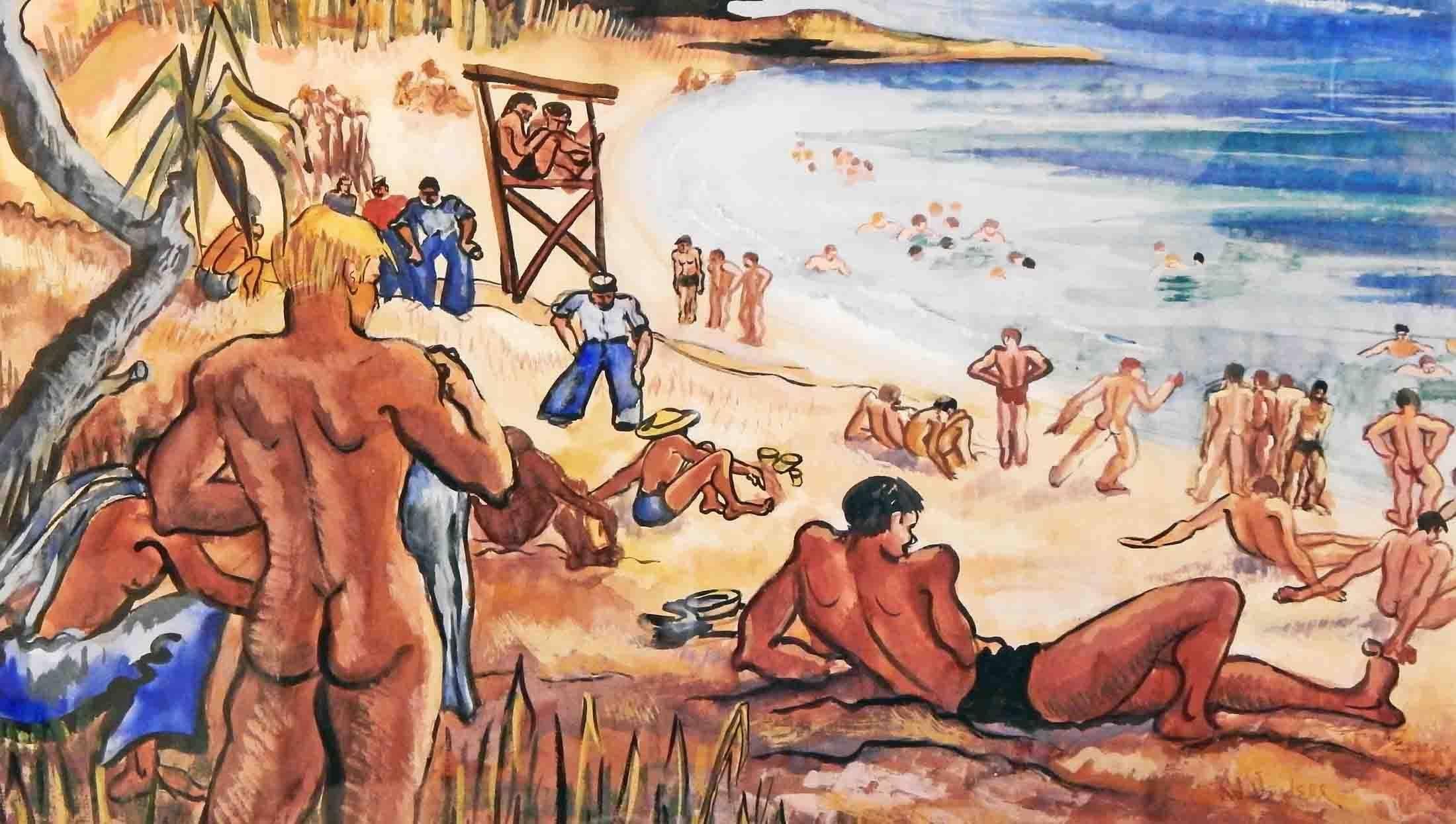 A vivid and colorful depiction of sailors enjoying a hard-earned afternoon on the beaches of Fiji, with their ships anchored off shore in the background, this painting is a rare and joyful view of American naval men at the end of World War II. Naked