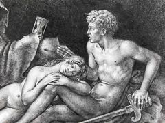 "The Hourglass, " Art Deco Drawing with Nude Couple by Goor, 1951