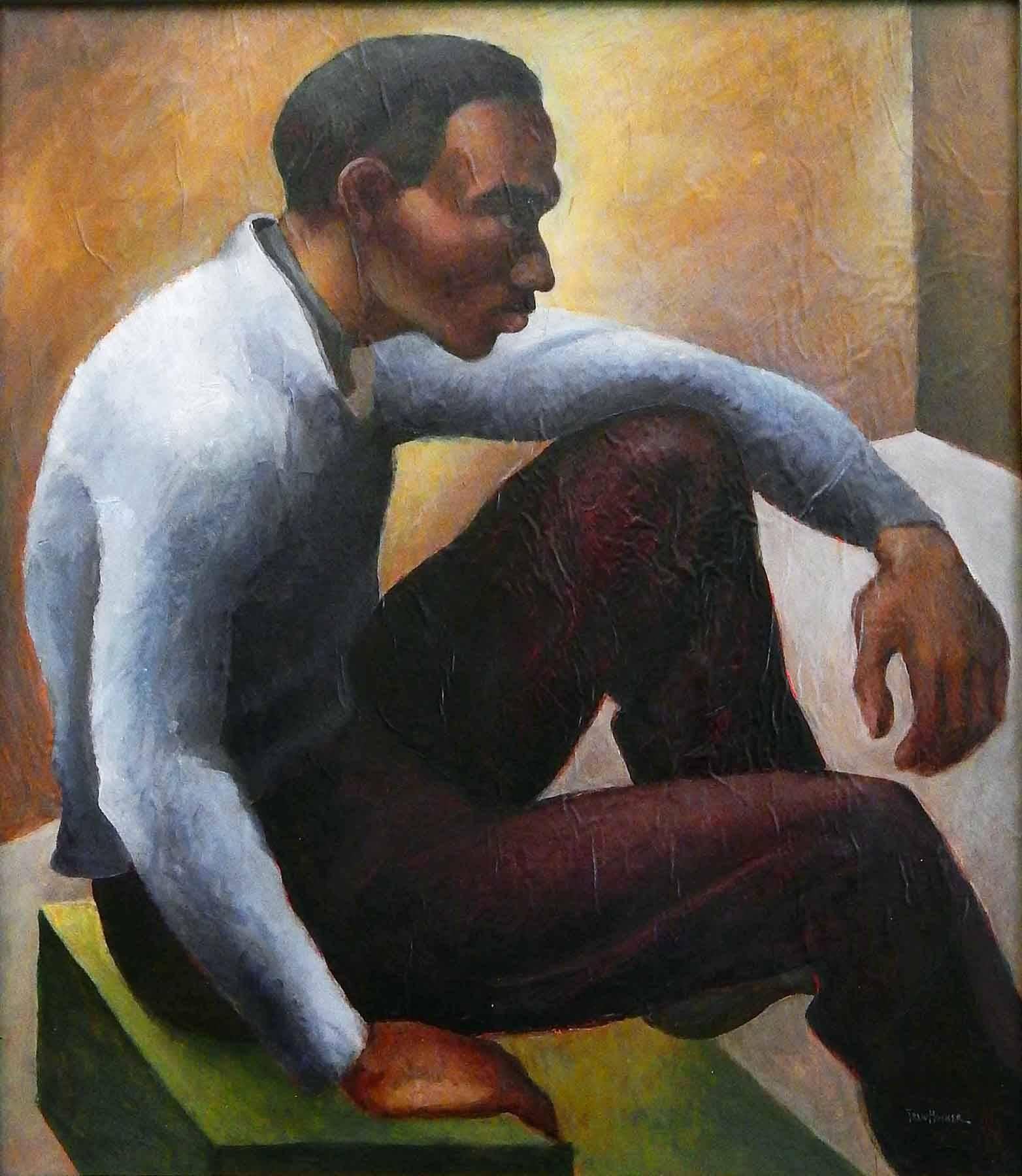 Brilliantly conceived and executed by Trew Hocker, an important muralist who was strongly influenced by Thomas Hart Benton and Grant Wood, this portrait of a young African American man, staring intently into the distance, is a superb example of
