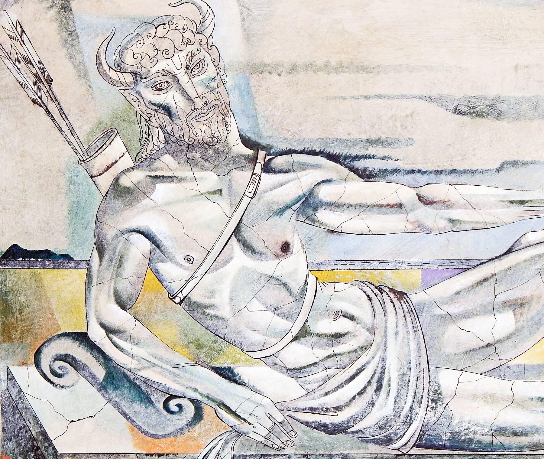 Large and arresting, this stylized depiction of the great hunter in Greek mythology, Actaeon, resting on a slab of marble with his bow and quiver of arrows, was painted by Leon Dusso, a major figure in 1940s Hollywood. Actaeon, according to myth,