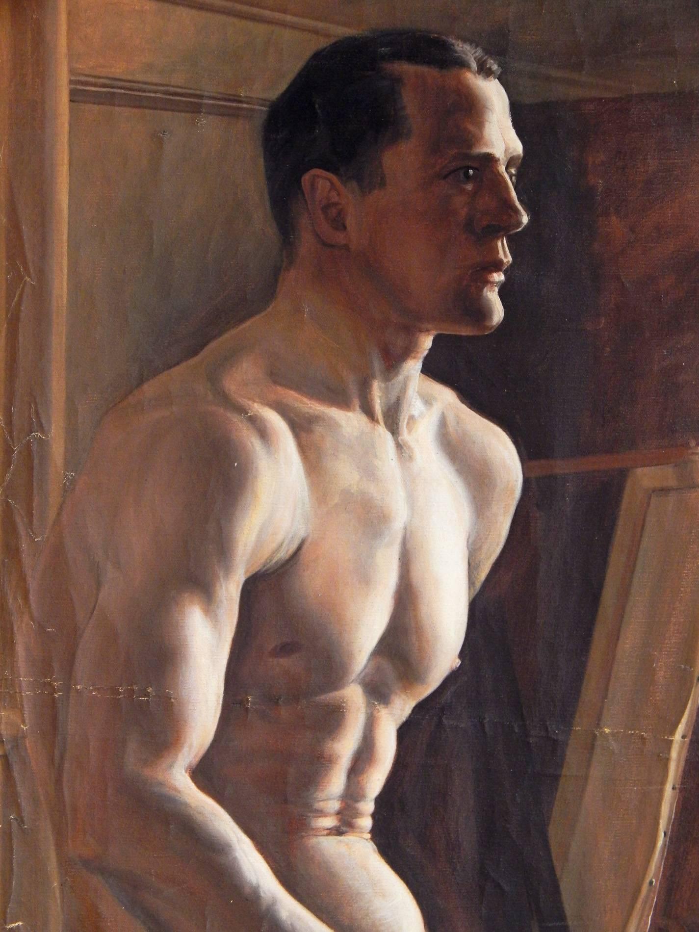Dramatically lit, like a scene from a 1930s film, this depiction of a seated male nude figure with a strong face out of central casting is one of the finest Art Deco-era figural paintings we have offered. The man's sunburned face is apparent under