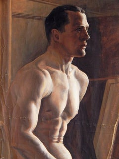 "Male Nude in the Artist's Studio, " Dramatic Art Deco Oil Painting, 1930s