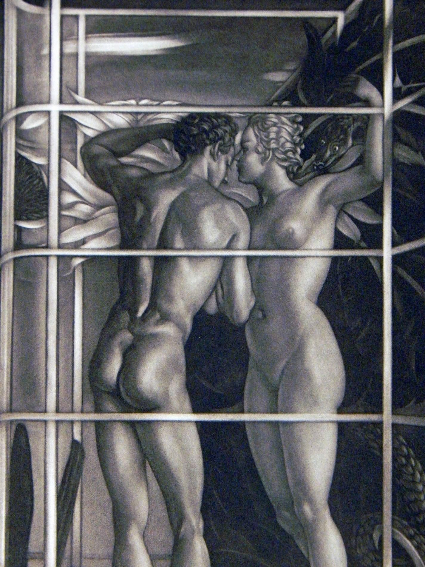 An extraordinary and rare print by Robert Charles Peter, a British artist, this scene of a male and female nude, in a cage-like setting with lush plant forms in the background, seems to suggest that they are standing on the periphery of a giant
