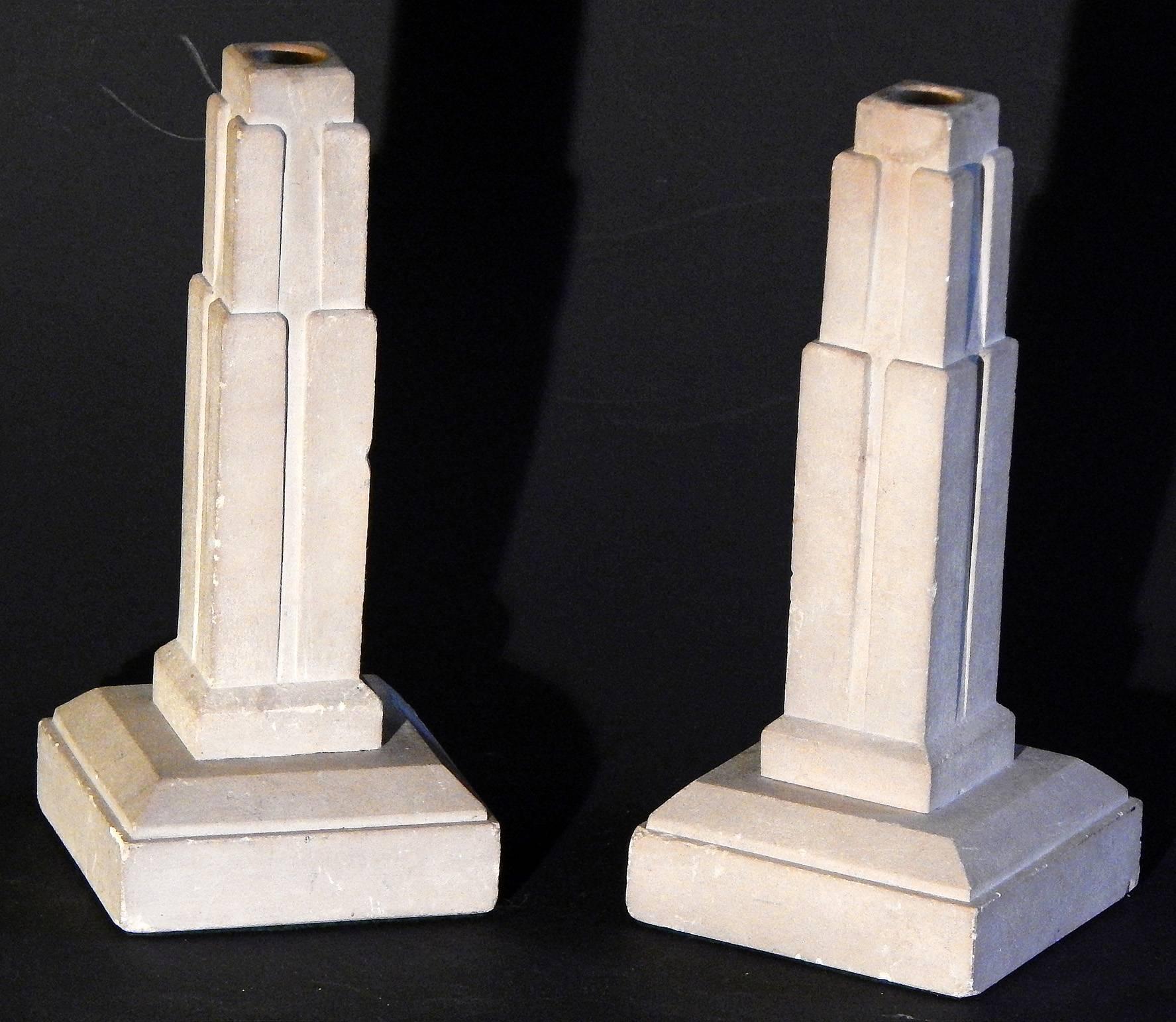 Art Deco Skyscraper Garniture Set with Candlesticks, Carved Limestone In Good Condition For Sale In Philadelphia, PA