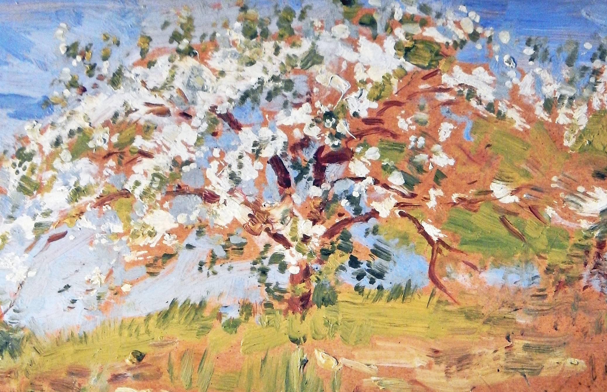 Dieses frische und leichte impressionistische Gemälde eines sich ausbreitenden, blühenden Apfelbaums, der über ein in frühlingshaften Grün- und Goldtönen leuchtendes Feld herrscht, wurde von Edward Siebert Anfang des 20. Jahrhunderts gemalt. Der im