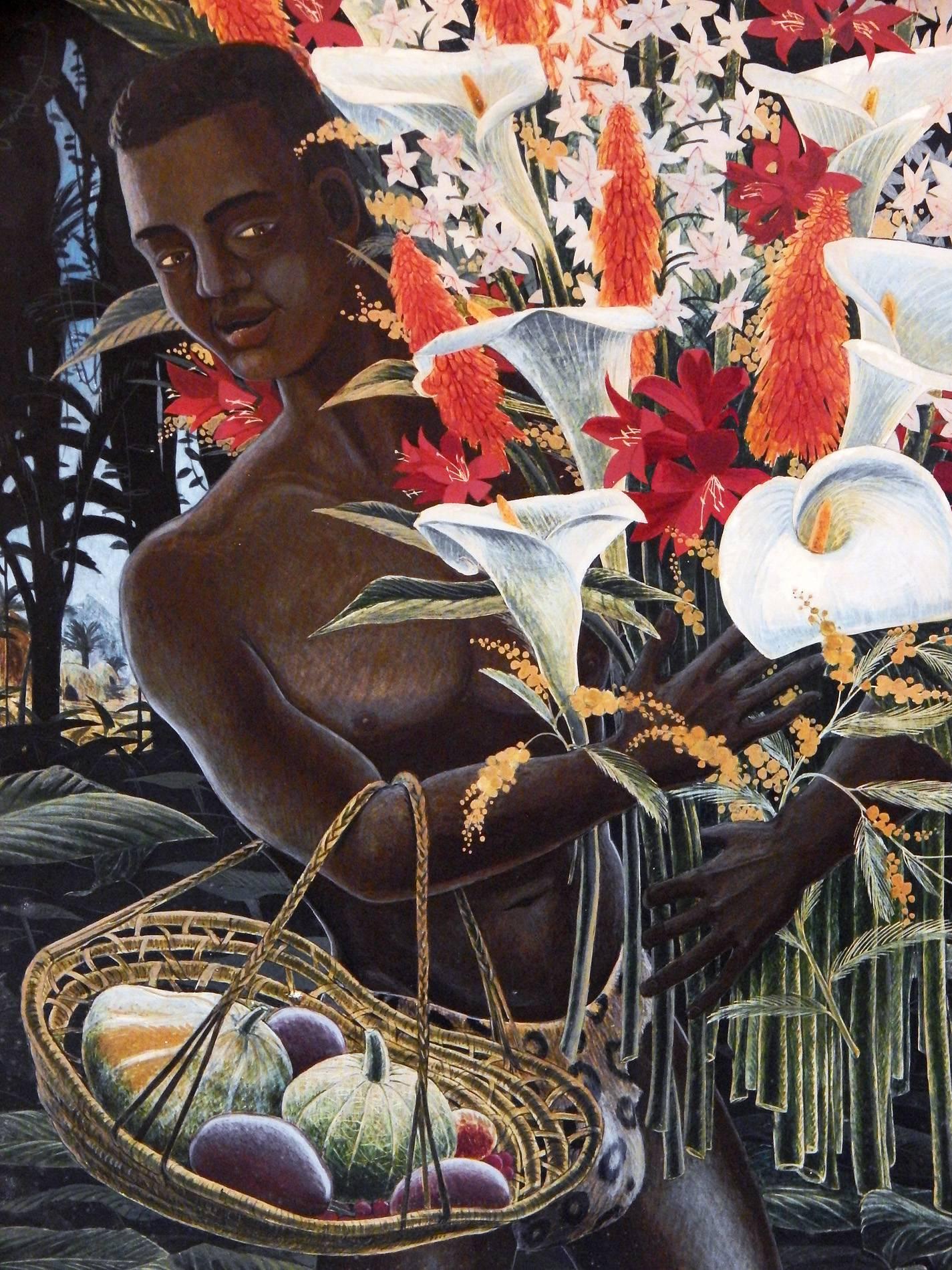 Cette peinture brillante aux couleurs vives représente un jeune Africain tenant un panier de calebasses et un énorme bouquet de callas, d'hémérocalles et d'autres fleurs tropicales. Elle a été réalisée par l'un des maîtres britanniques de la