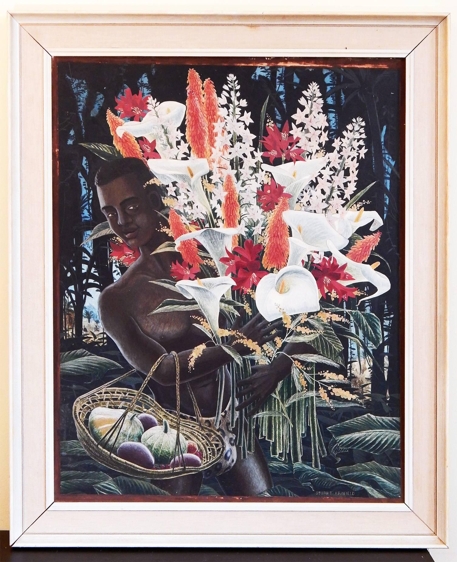 « African Youth with Gourds and Flowers, peinture Art Déco anglaise, 1946 Excellent état - En vente à Philadelphia, PA