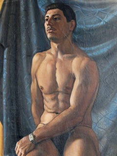"Male Nude with Tank Watch, " Striking Art Deco Oil Painting, 1930s