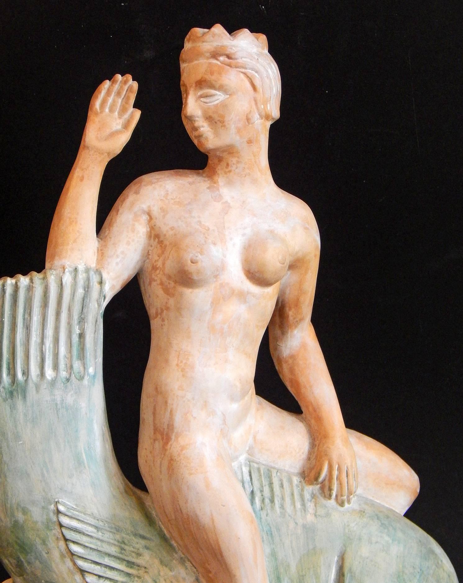 „Neptun & Salacia Reiter Delphine“, einzigartige Art-déco-Skulpturen oder Lampensockel (Mitte des 20. Jahrhunderts) im Angebot