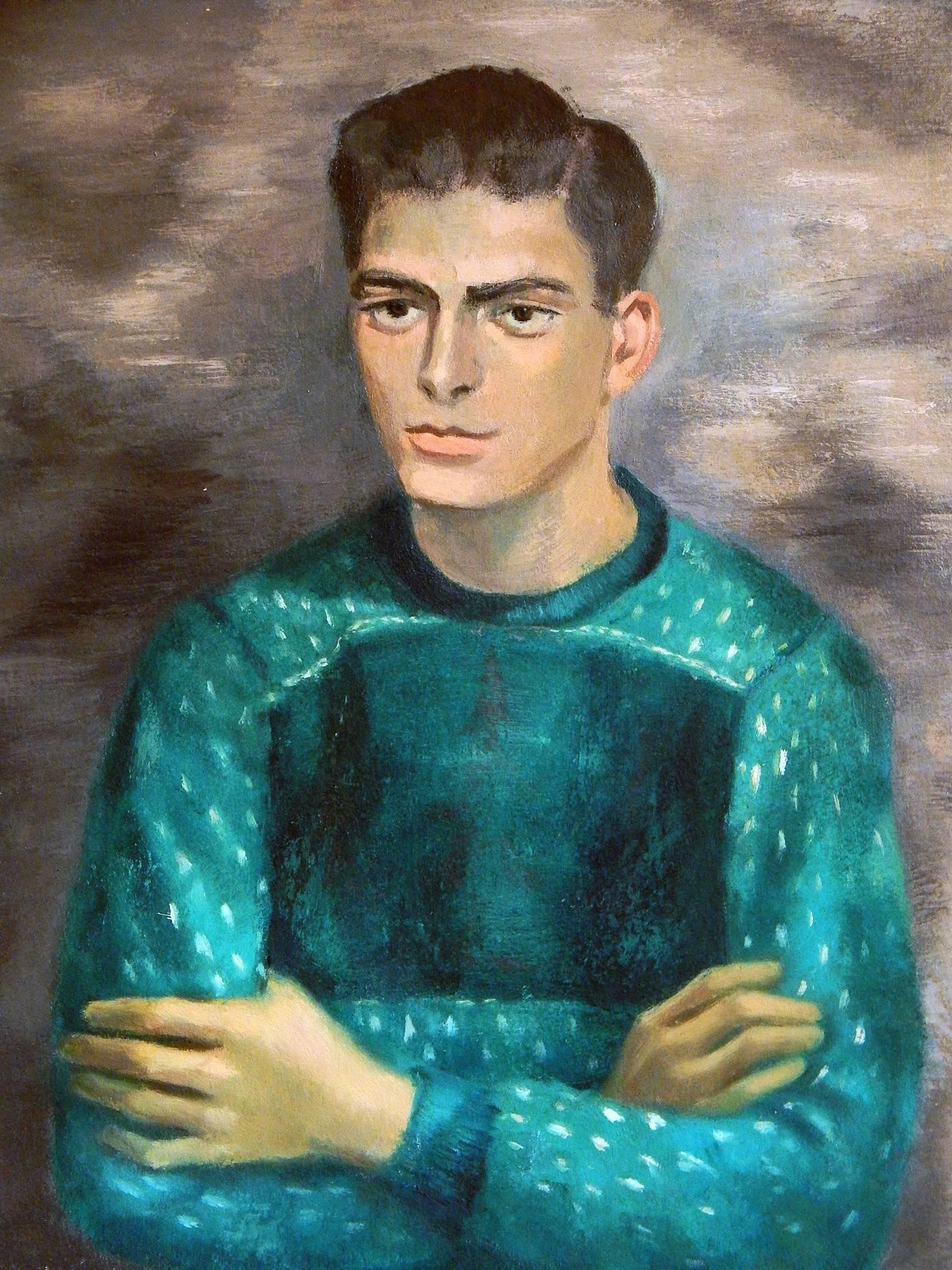 One of the strongest Mid-Century portraits we have seen, this depiction of a young man in a vivid, emerald-green sweater was painted by Paul Zimmerman, an important artist who grew up in Ohio and Indiana, and made his reputation as an art teacher at