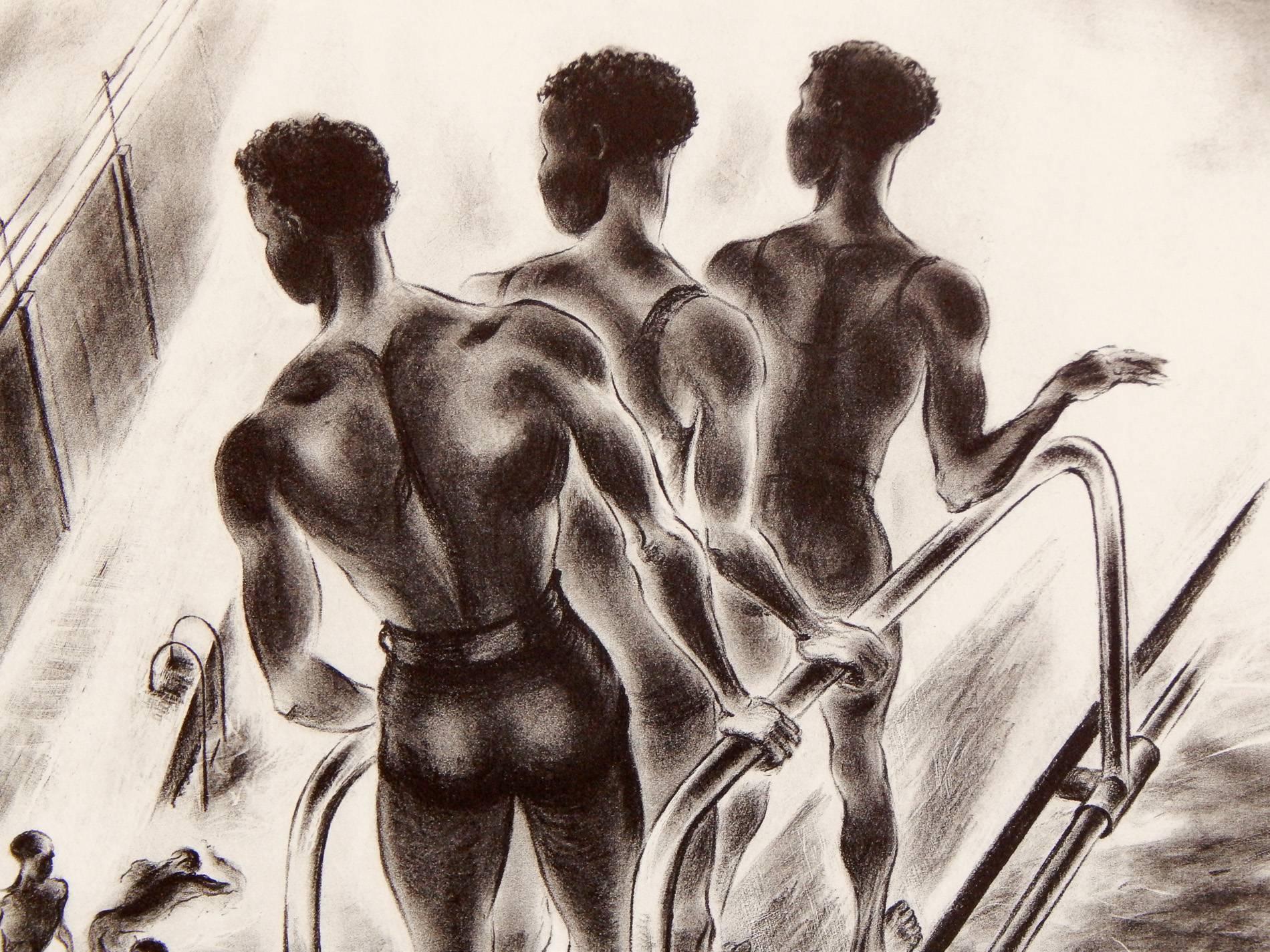 Full of energy and atmosphere, this fine and rare print depicts three young African American men waiting their turn on the high diving board at one of New York's state-of-the-art Art Deco swimming pools in the 1930s. Far below, three other youth are