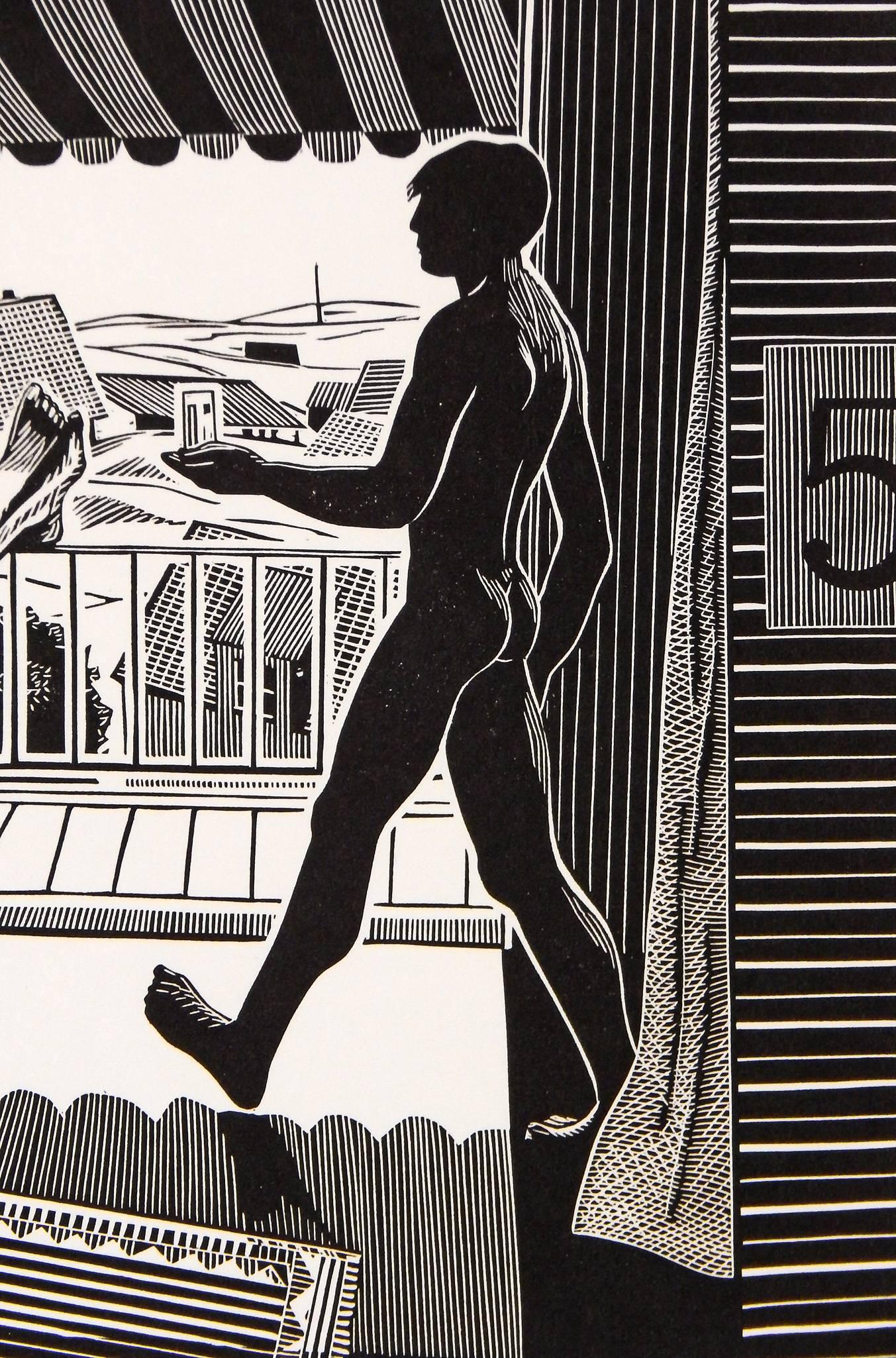 Fresh and crisp, this depiction of a nude male figure, in the cool shadows of a beachside home, delivering a cold drink in a tall glass to his friend or lover, is a calm and relaxed depiction of life away from the demands of home and work. The Stark