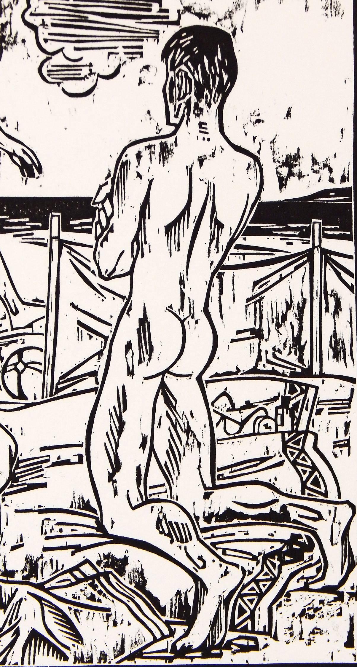 Piena di energia e di umorismo, questa rappresentazione di tre figure maschili nude su una spiaggia, una delle quali si pavoneggia e viene ammirata dagli altri, è stata creata da Roland Berger, un artista tedesco con studio a Berlino. Berger è stato