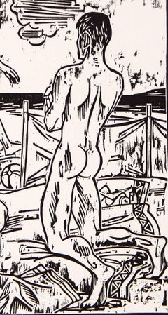 « Trois à la plage », rare gravure en linogravure du milieu du siècle dernier de Berger