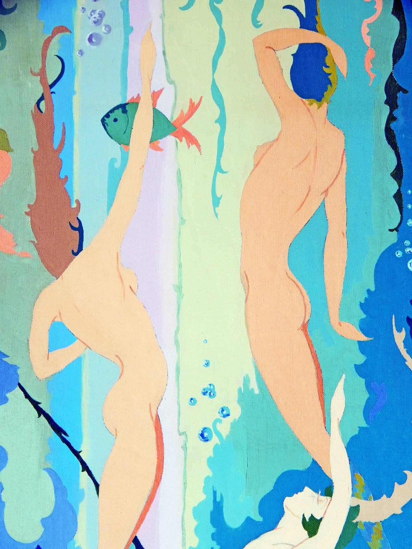 Art déco « Mermaids in the Depth of the Sea », peinture Art Déco avec couleurs brillantes, 1931 en vente