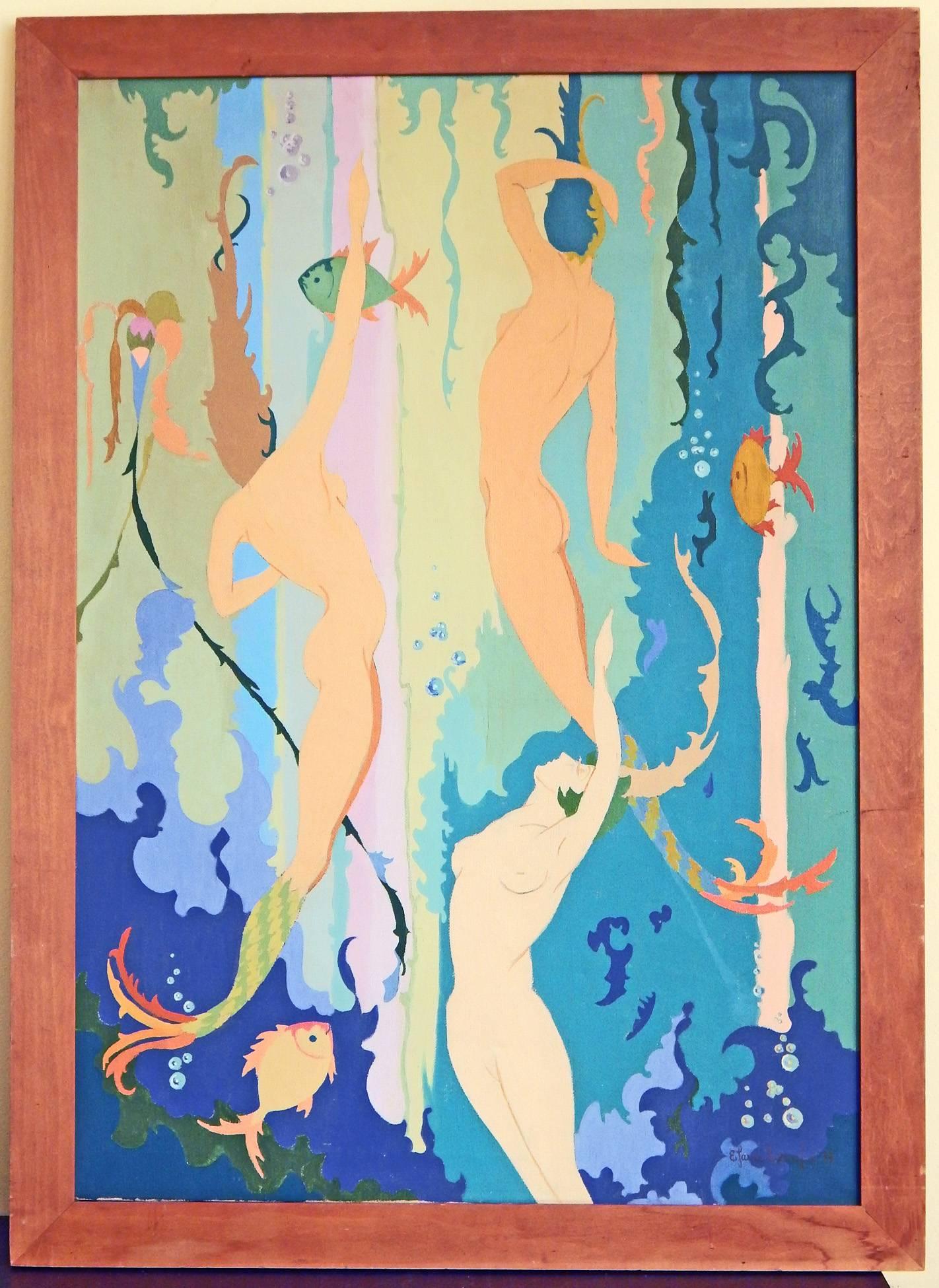 Peint « Mermaids in the Depth of the Sea », peinture Art Déco avec couleurs brillantes, 1931 en vente