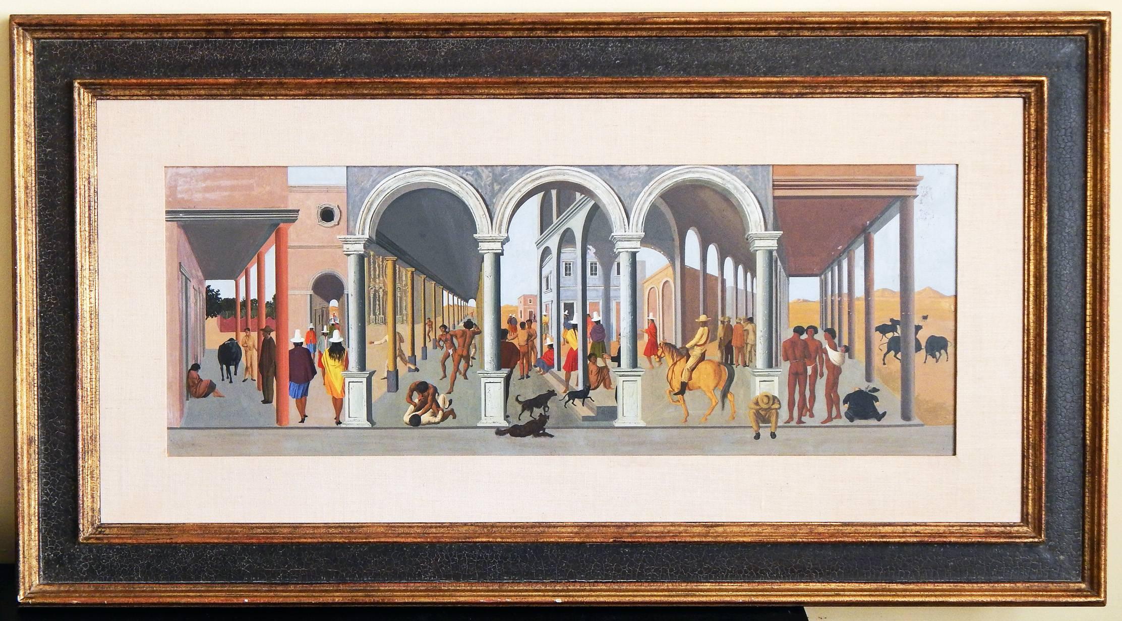 Perhaps the greatest masterpiece painted by Aldo Pagliacci, best known for his surrealist scenes of male youths in his native Italy, this large and ambitious triptych presents over 40 figures in a series of arched passageways around a central plaza