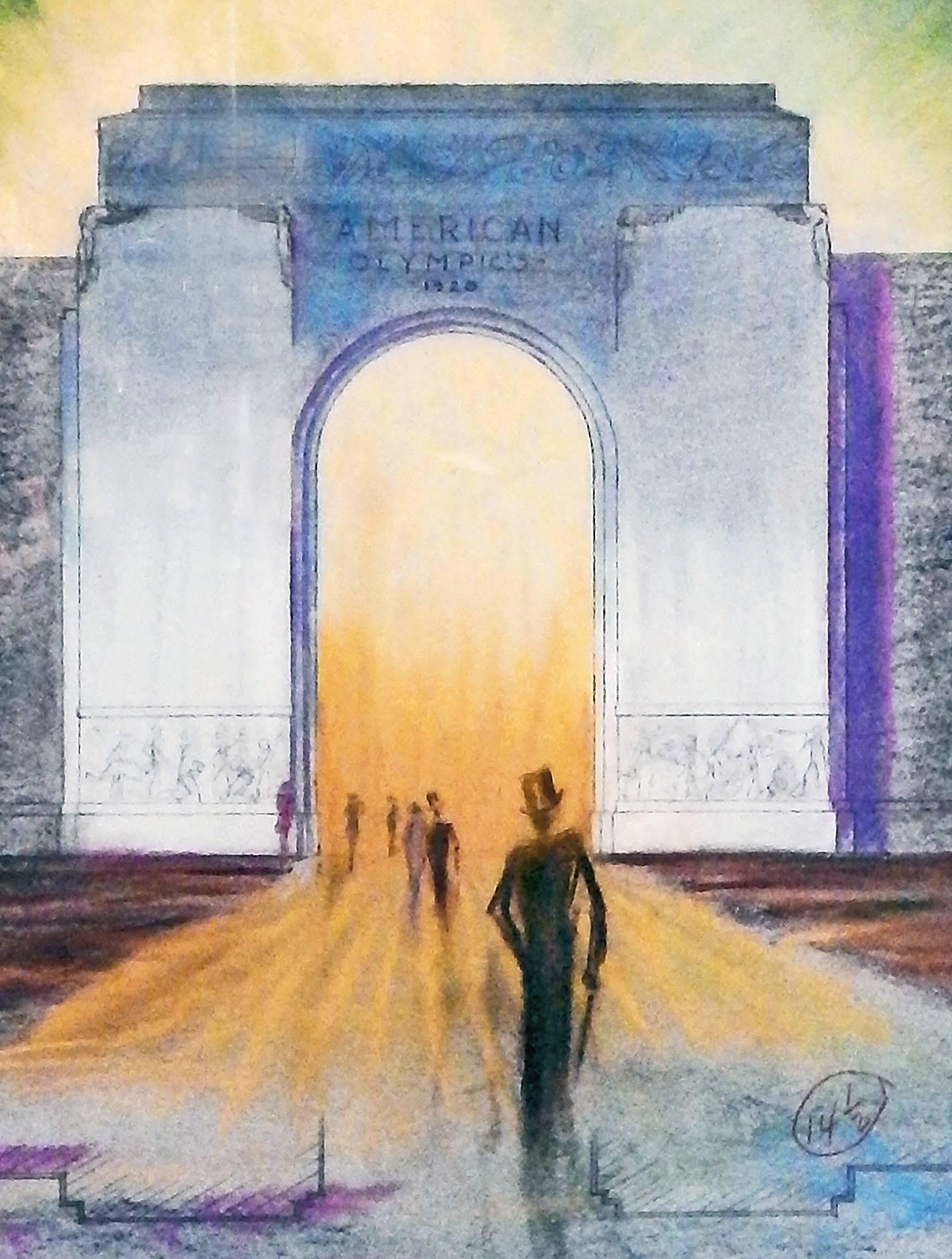 Although the Olympics in 1928 were held in Amsterdam, Lee Seibert drew this vivid and colorful image of the main entrance to the stadium as if it were in America, the sky glowing with a rainbow-hued aureole and the scene attracting sophisticated men