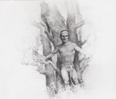 "Uomo seminudo con albero di faggio", Disegno a matita di John Lear