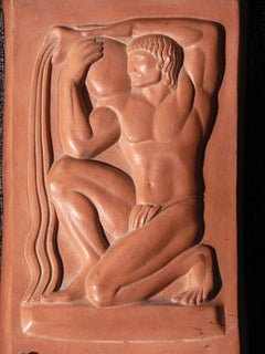 "Waterpourer, " Dramatic and Beautiful Art Deco Bas Relief Plaque with Male Nude
