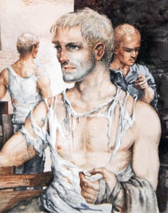 "Tre uomini a pezzi", dipinto surrealista con figure seminude di Lear