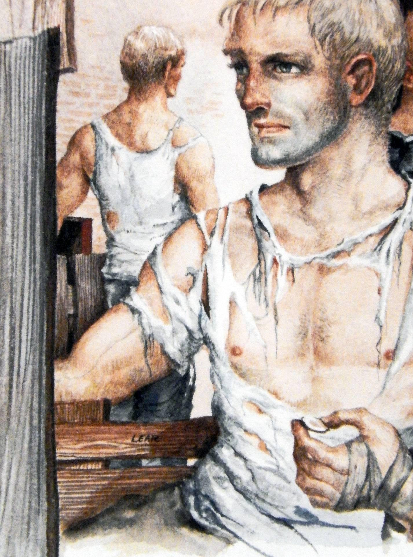Mid-Century Modern « Trois hommes en charrues », peinture surréaliste avec des figures semi-nues par Lear en vente