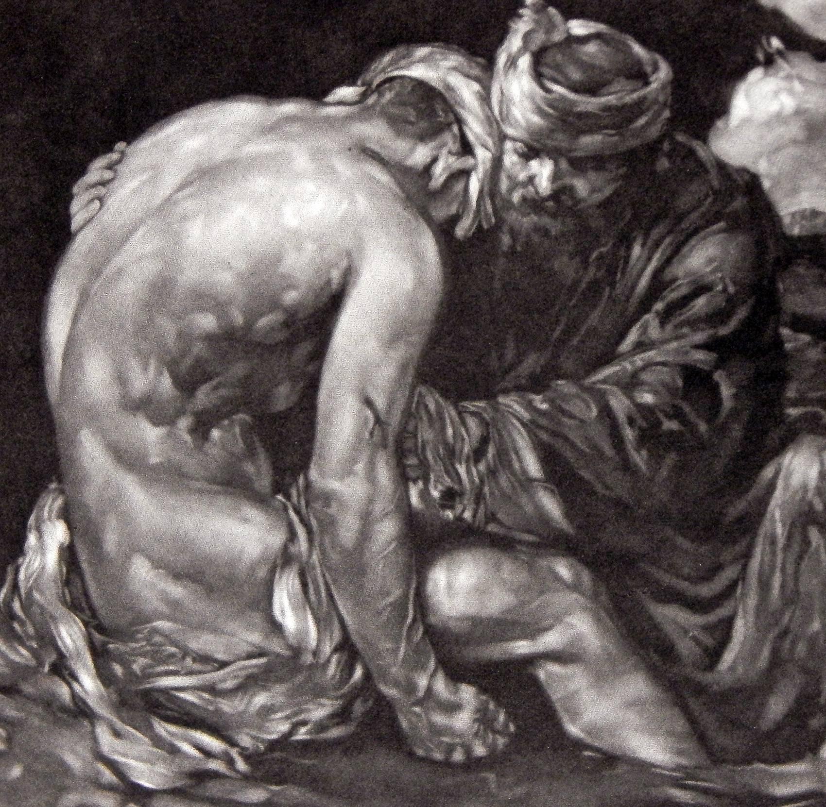 This extraordinary and rare mezzotint by Robert Charles Peter, a British artist, depicts a nude male figure, beaten and worn, being comforted and helped by the proverbial Good Samaritan. The artist's mastery of the human figure, in all its beauty