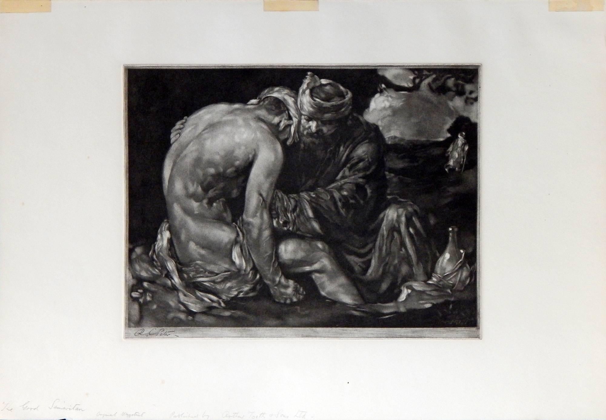 Seltene Mezzotinta mit männlichem Akt von Robert Charles Peter, „The Good Samaritan“ (Britisch) im Angebot