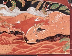 "Lion and Gazelle, " Fabulous Art Deco Mural Study in Black and Rust