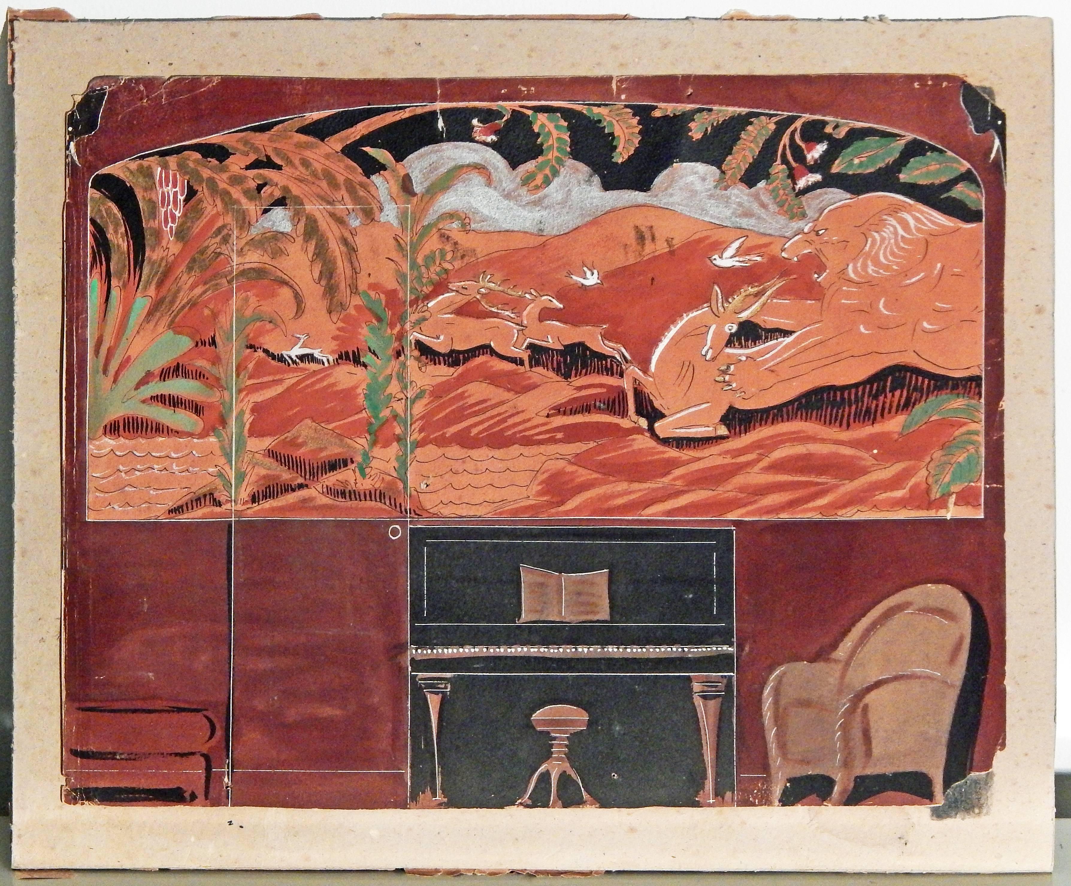 Milieu du XXe siècle Fabuleuse étude murale Art déco en noir et rouille « Lion and Gazelle » en vente