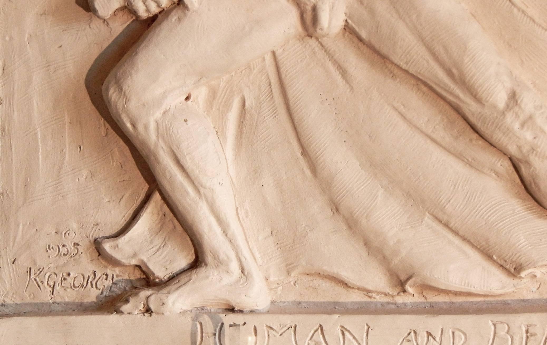 Américain Panneau sculptural dramatique Art Déco « Hercule et le lion Neméen » avec nu masculin en vente
