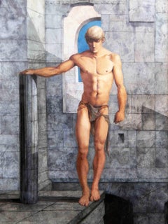 "Nu dans une salle de marbre":: inhabituelle aquarelle ancienne avec un nu masculin par John Lear