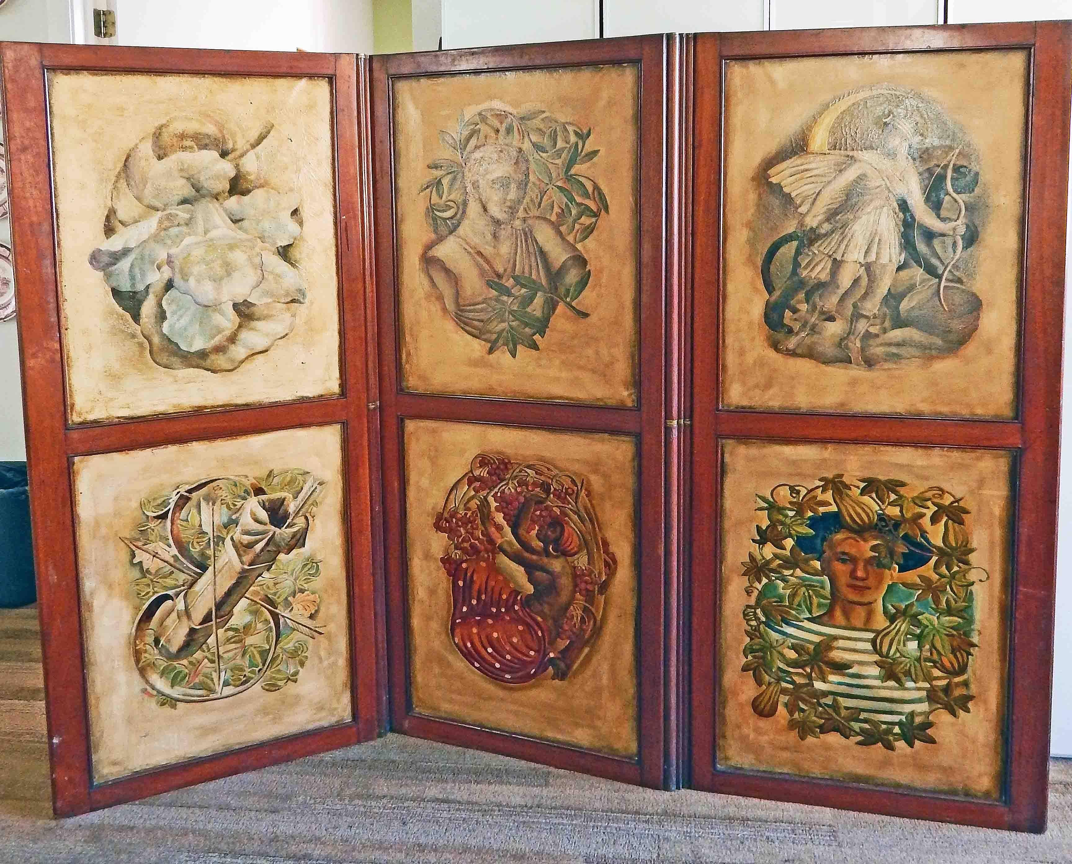 This stunning assemblage of 12 Art Deco paintings, depicting mythological and 1930s contemporary themes, all in oil on canvas, have been set into a walnut folding screen. The images include Mercury and Diana, sailor and agricultural worker, American