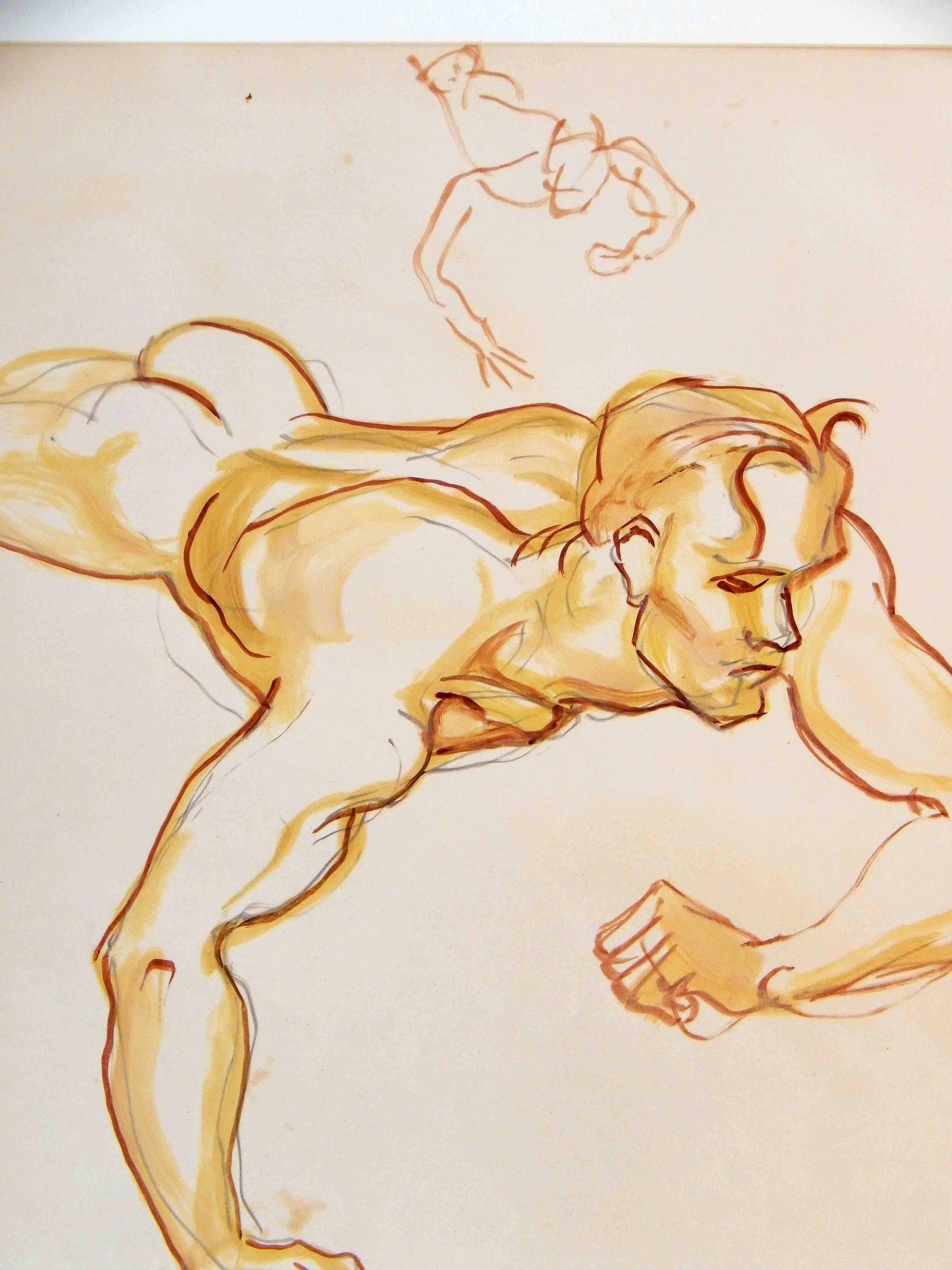 Emlen Etting returned again and again to the theme of Icarus Falling, in part because it gave him an opportunity to depict the nude male in motion. This large drawing served as a study for a painting that followed, and is executed in brilliant,