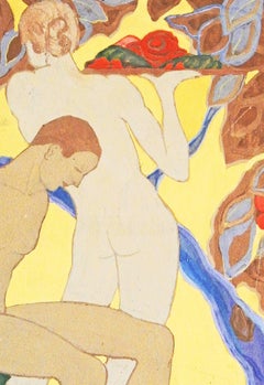 "Raccolta di frutta", dipinto Art Deco dai colori vivaci con nudi di Schulte