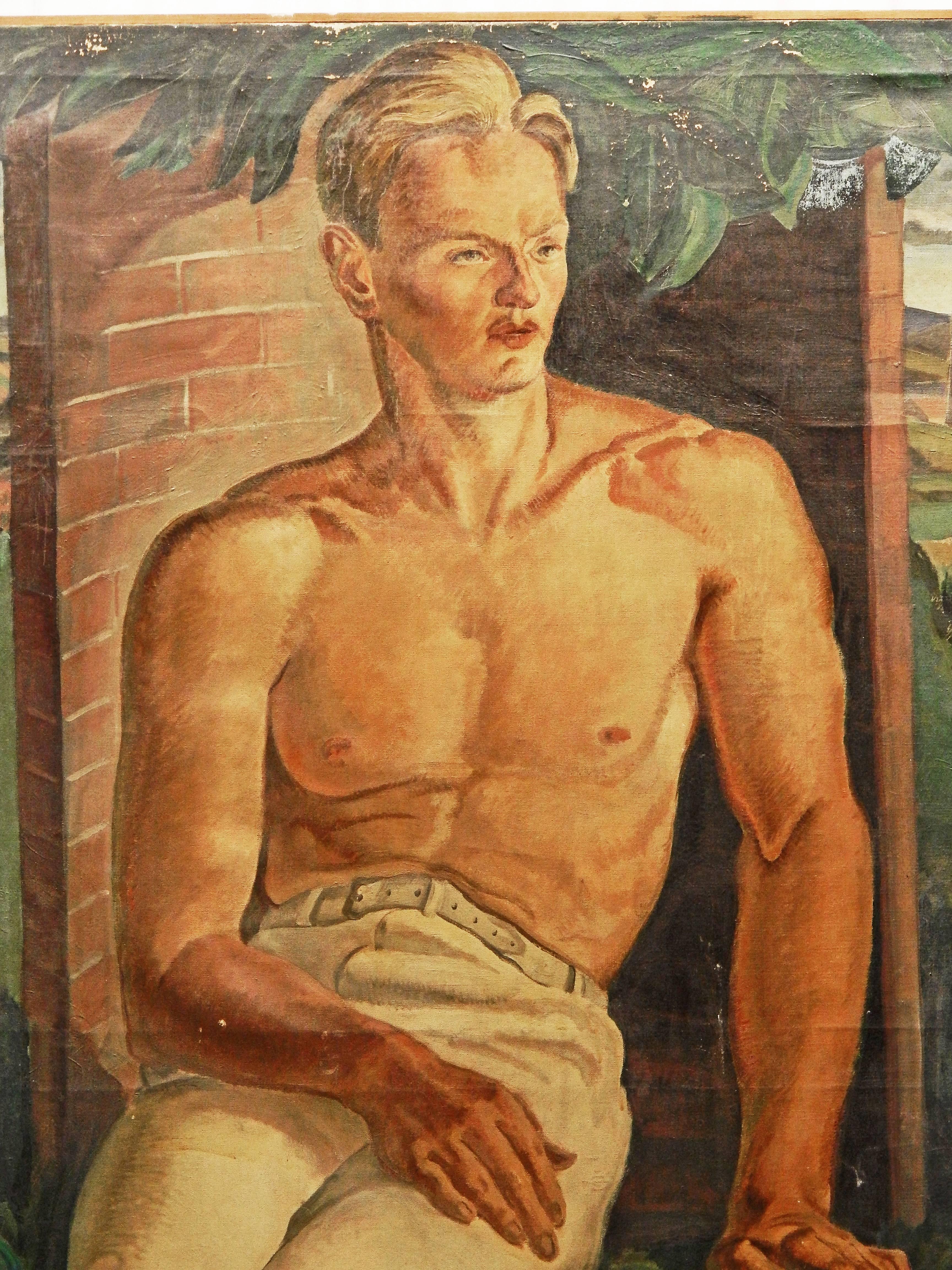 One of the finest depictions of an American worker from the 1930s that we have seen, this painting of a shirtless bricklayer, resting against a curved brick niche, with a half-built brick wall to one side, is a classic example of American social