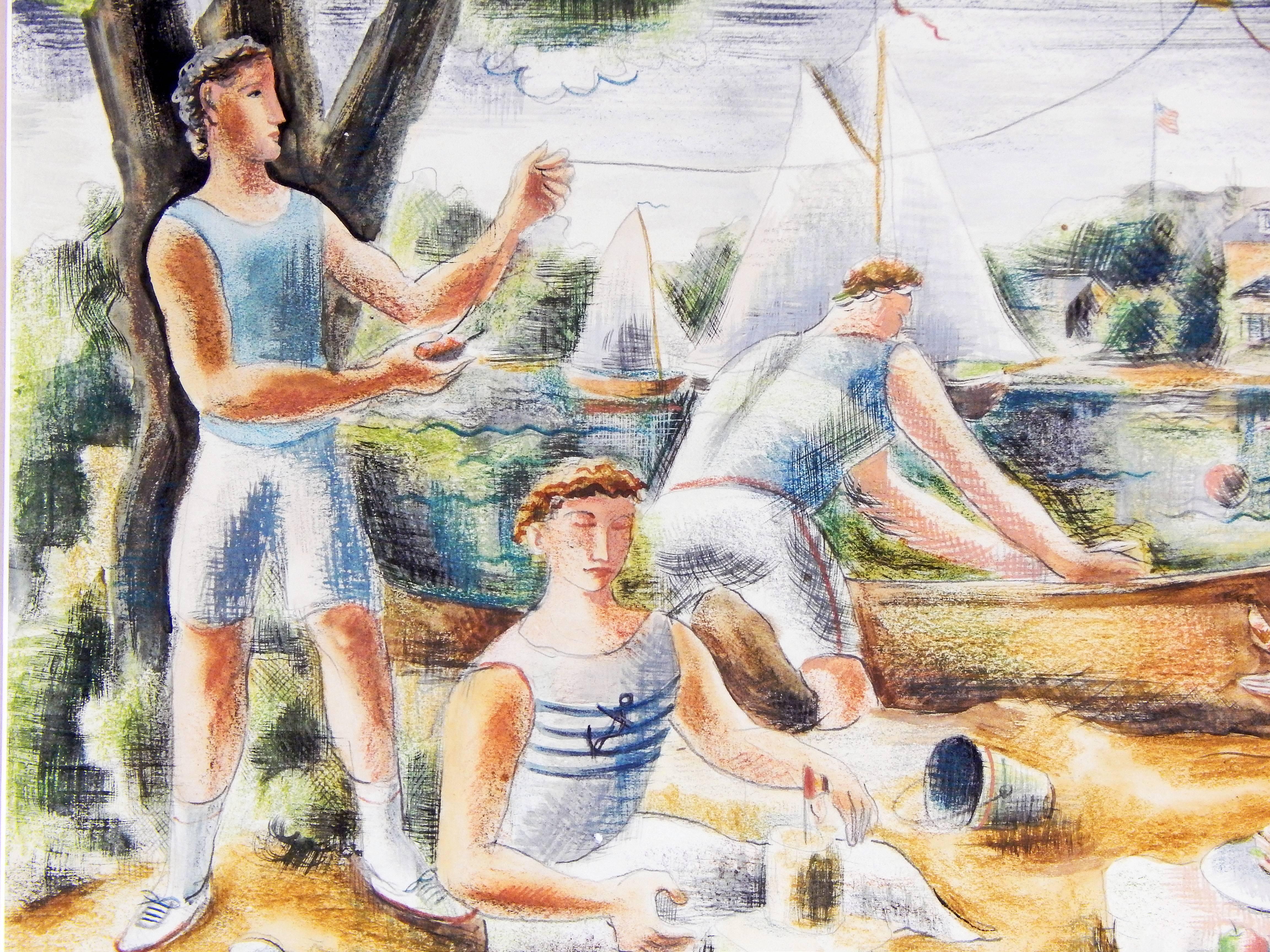 Charming and sophisticated, this superb mural study by Edgar Yaeger, one of the most prominent artists in Michigan's WPA program, depicts a series of figures along a rivers cape, boating, flying a kite, readying to hike and, in the foreground,