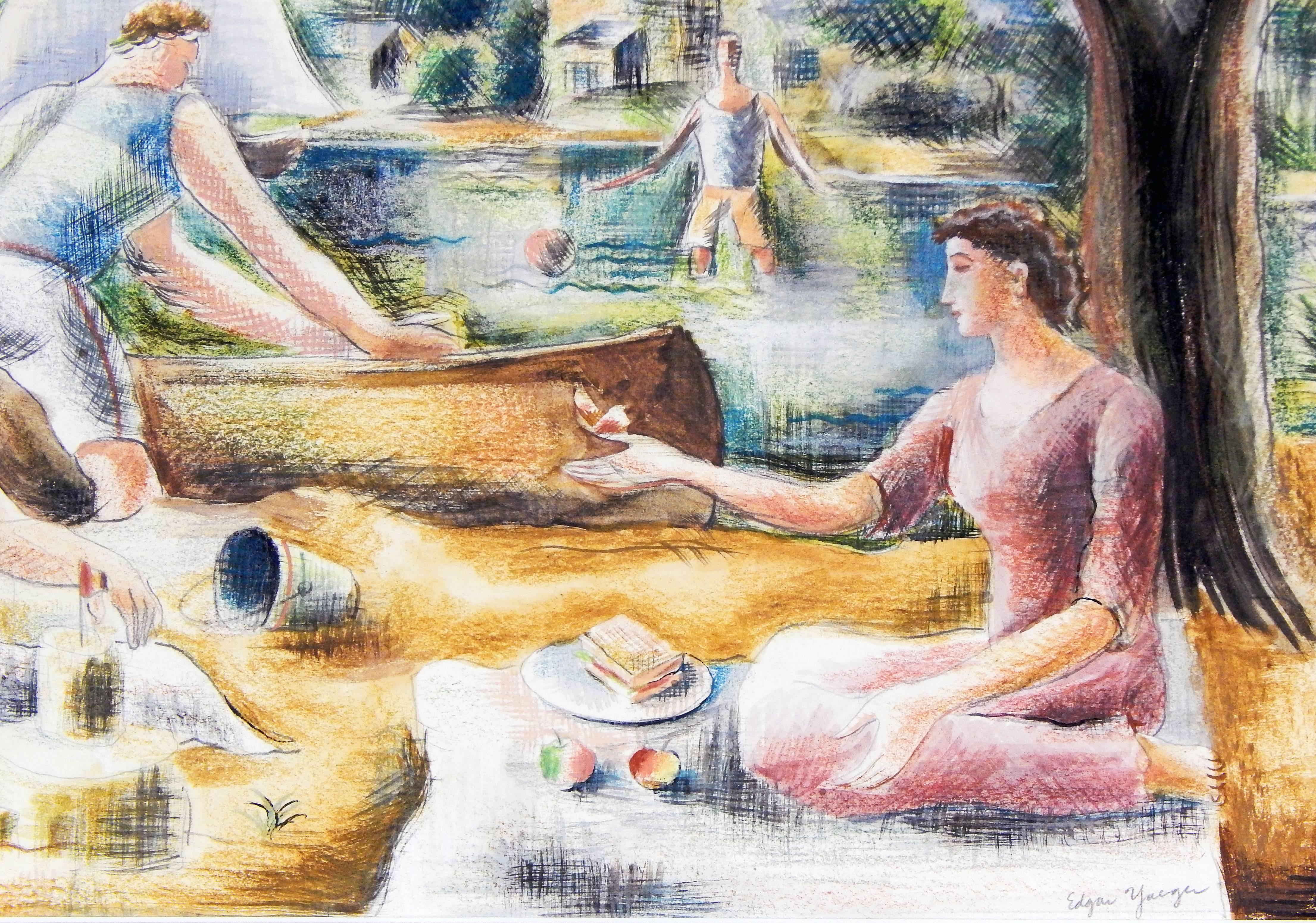 Art Deco Picnic by the River, WPA-Era Mural Study with Sailboats and Kite, Detroit Artist
