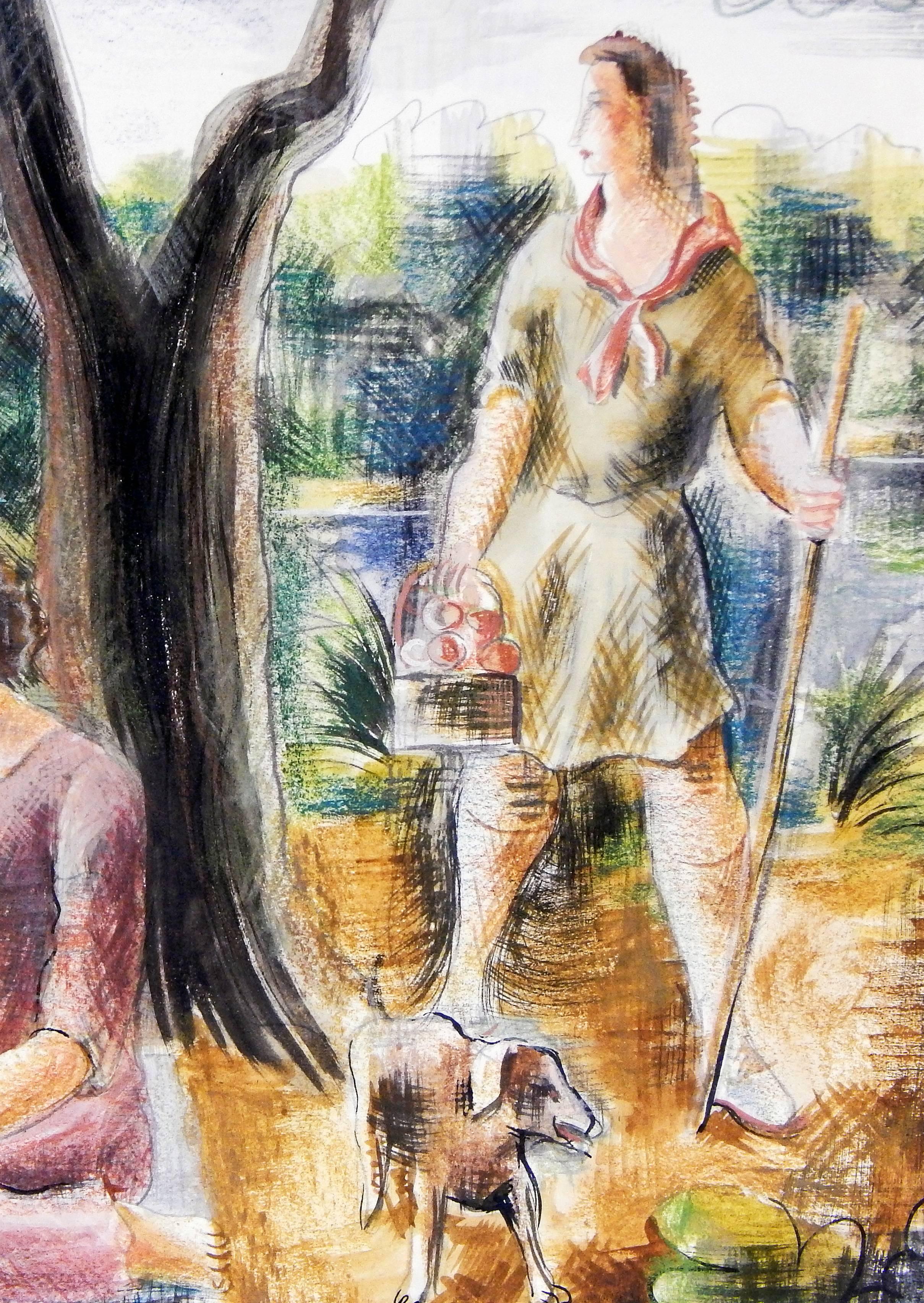 American Picnic by the River, WPA-Era Mural Study with Sailboats and Kite, Detroit Artist