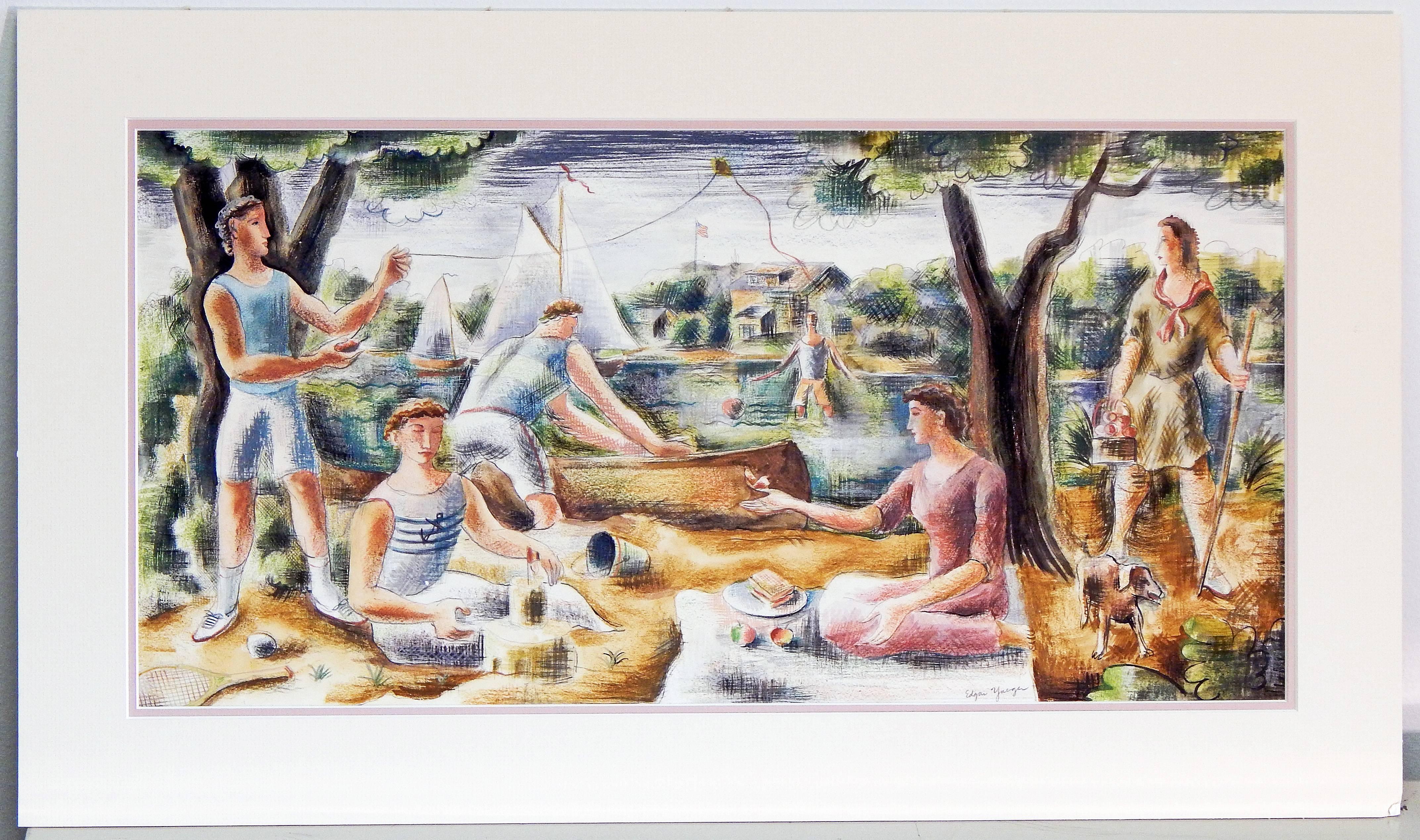 Mid-20th Century Picnic by the River, WPA-Era Mural Study with Sailboats and Kite, Detroit Artist