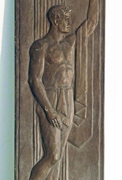 "Greek Athlete with Laurel Wreath, " Unique Sculptural Panel, Nude Male Figure