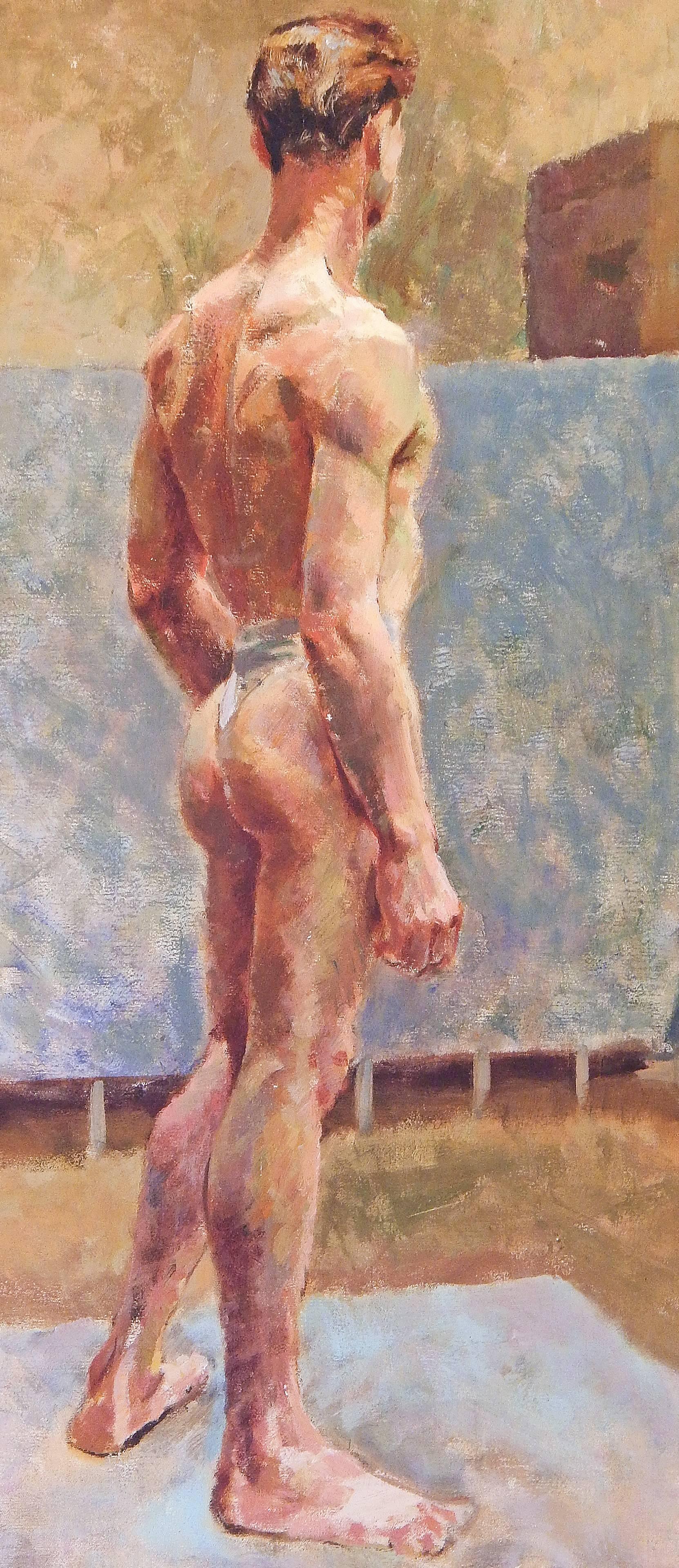 Surrounded by an abstract series of planes in mottled slate and sand hues, this strong and confident nude figural painting was executed by Gaylord Flory when he was only 26, while recovering from wounds received while serving in World War II. After