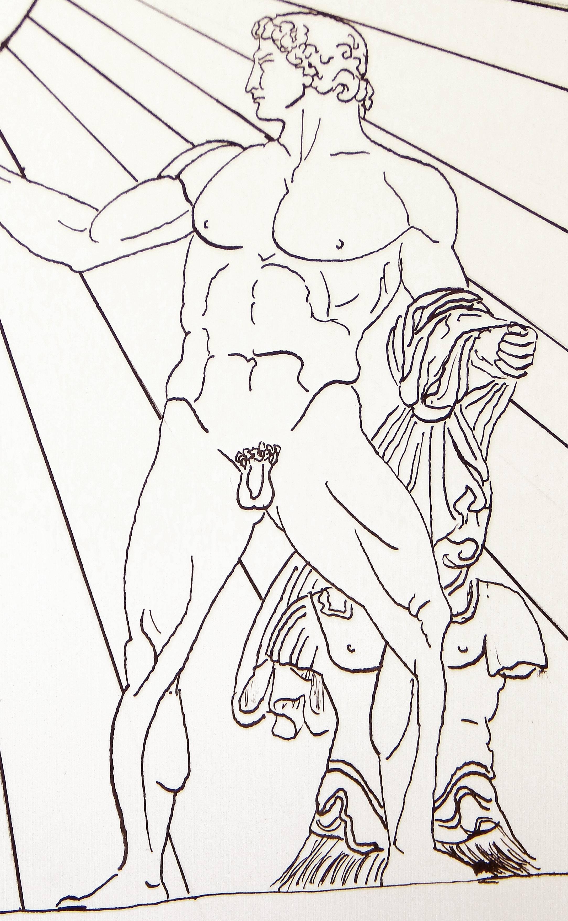 An excellent example of the fascination with Classical subjects among artists in the Art Deco era, this drawing depicts a nude Roman soldier holding his cape in one arm and gesturing toward the sun, with his armor resting on the floor behind him.